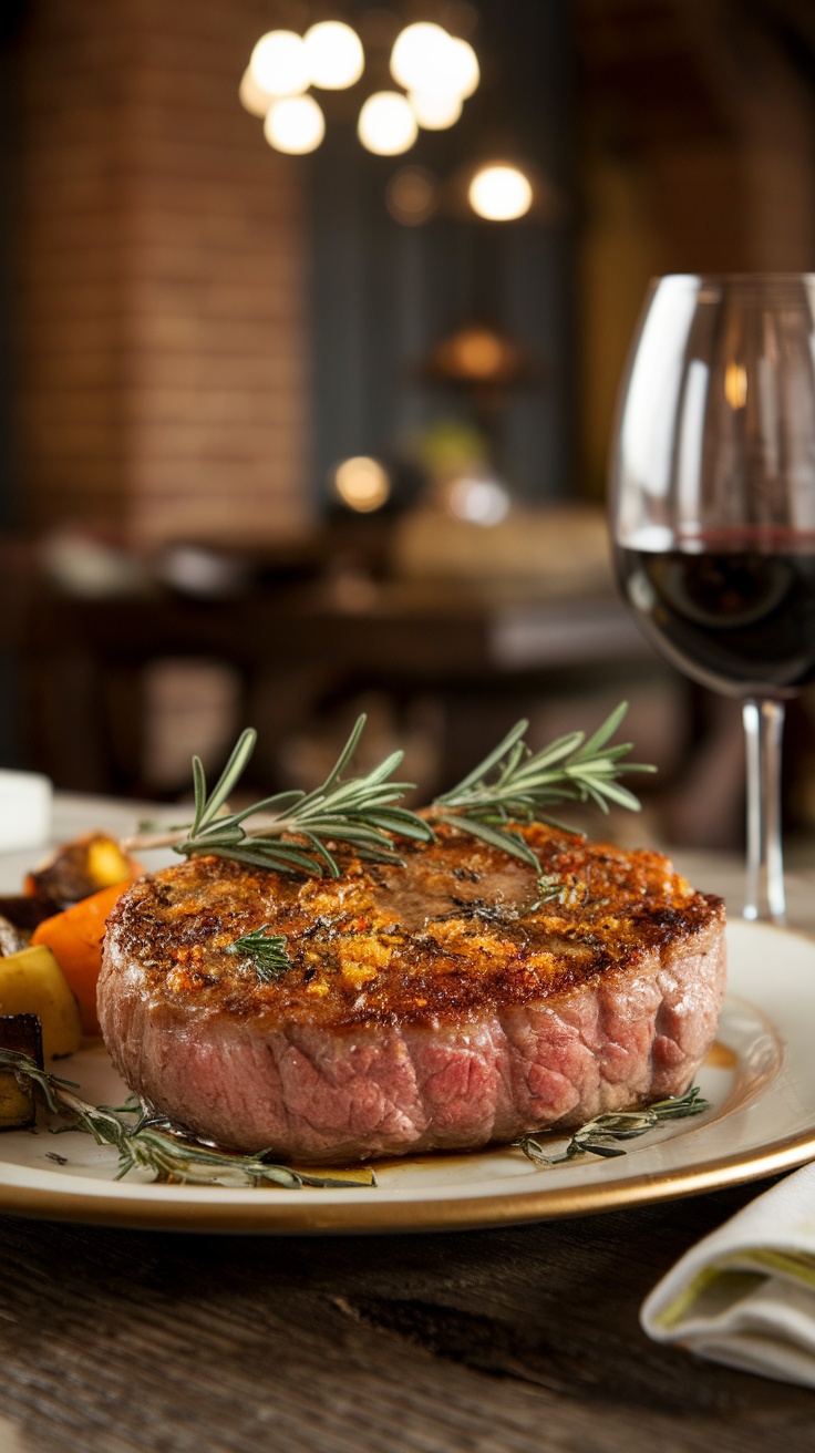 Herb-crusted filet mignon steak with garlic herb butter, garnished with herbs, on a rustic table with roasted vegetables and wine.